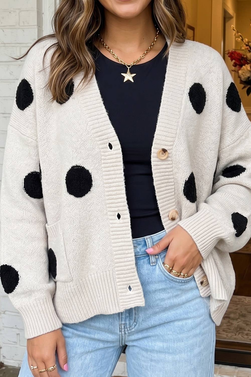 Polka Dot Oversized Button Front Cardigan (S-XL)