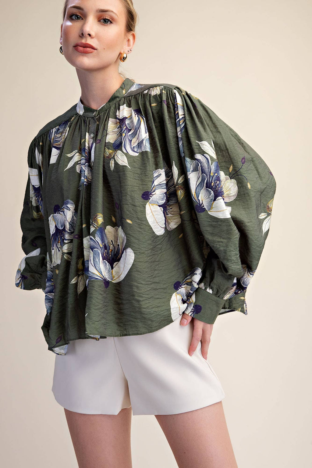 Floral Blouse Round Neck Button Down Voluminous Shirring