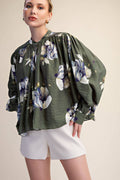 Floral Blouse Round Neck Button Down Voluminous Shirring
