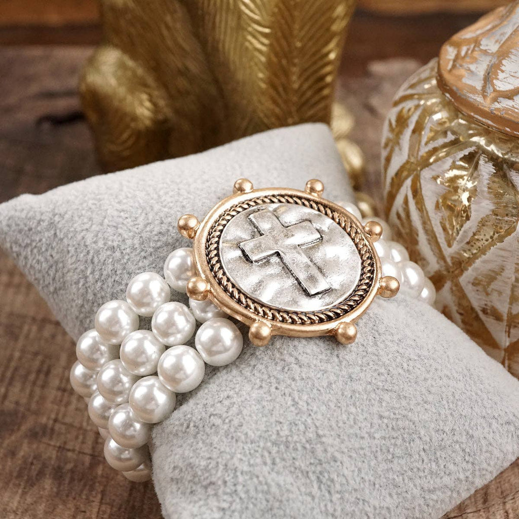 Gracebound – Cross Coin & Chunky Pearl 3-in-1 Statement Bracelet in Mixed Metals