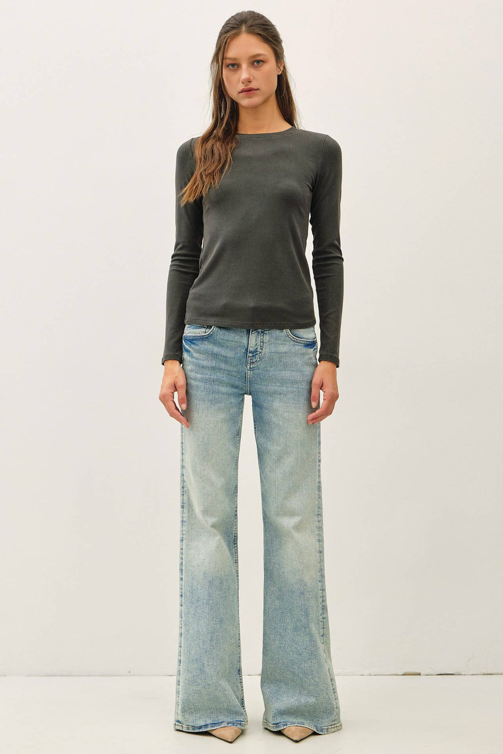 GARMENT DYE RIBBED CREWNECK LONGSLEEVE BASIC TOP