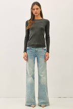 GARMENT DYE RIBBED CREWNECK LONGSLEEVE BASIC TOP