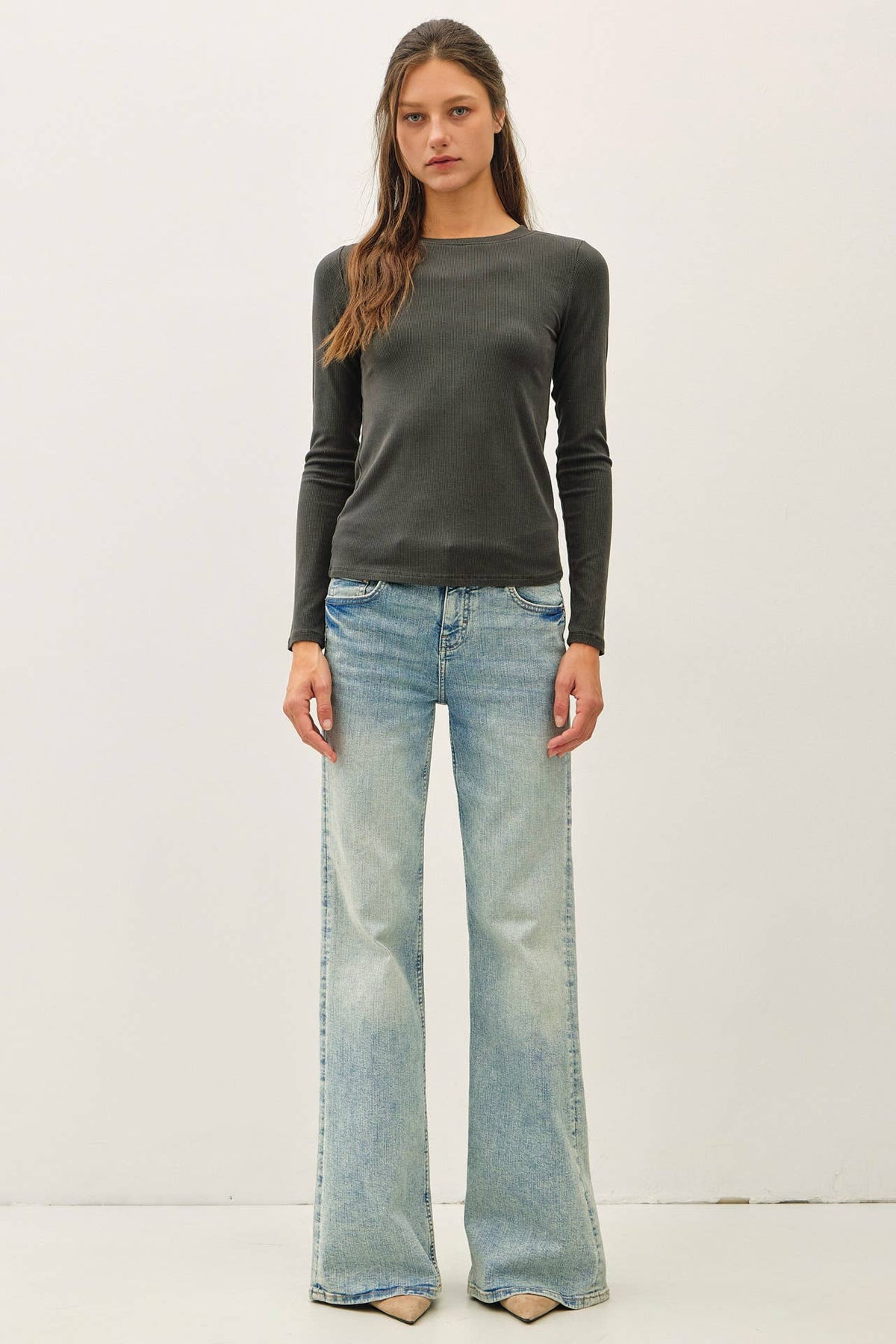 GARMENT DYE RIBBED CREWNECK LONGSLEEVE BASIC TOP