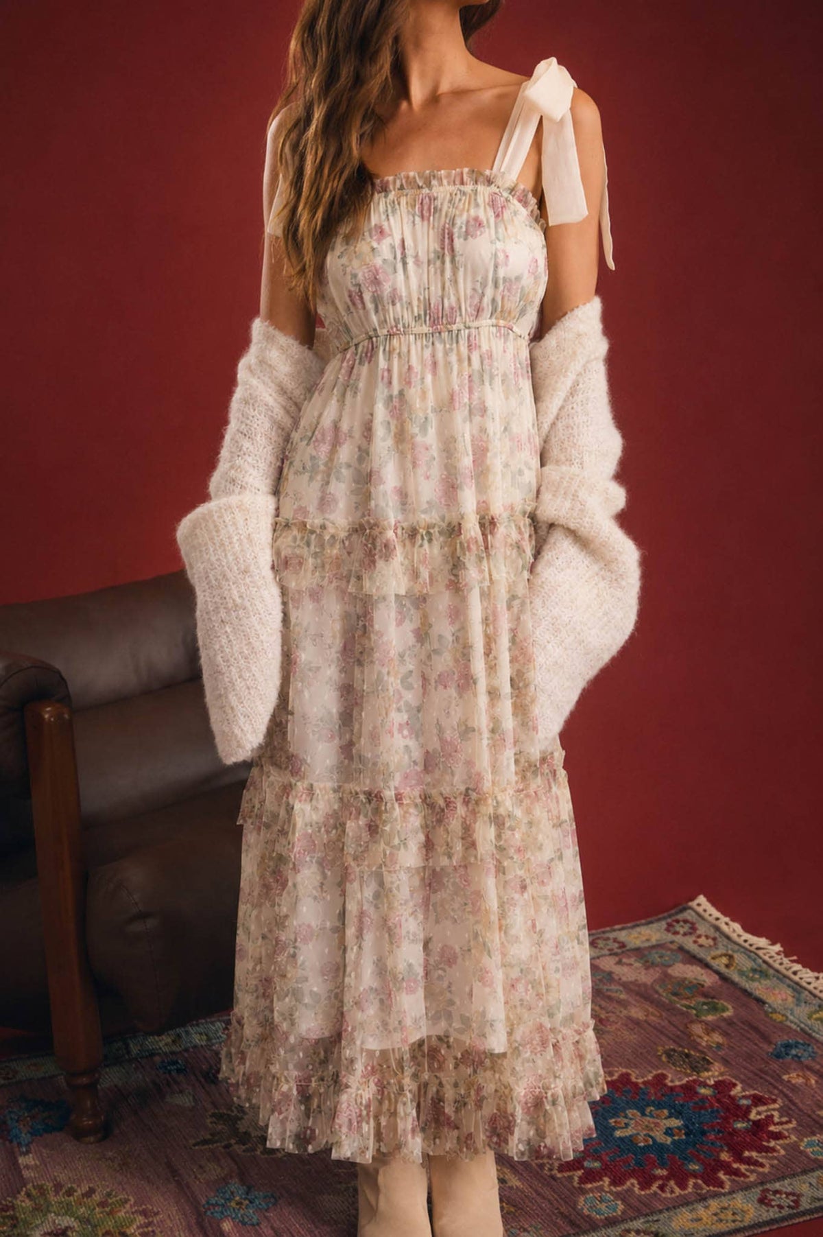 FLORAL CHIFFON TIE STRAP RUFFLED TIERED MIDI DRESS