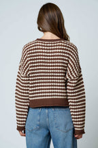 TEXTURED STRIPE CROCHET KNIT BUTTON DOWN CARDIGAN
