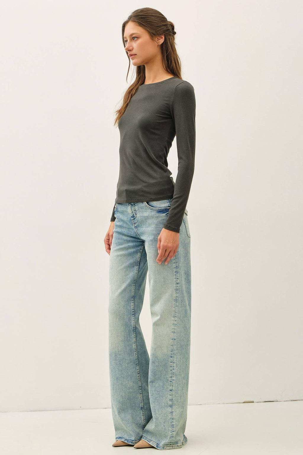 GARMENT DYE RIBBED CREWNECK LONGSLEEVE BASIC TOP
