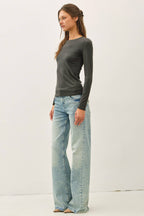 GARMENT DYE RIBBED CREWNECK LONGSLEEVE BASIC TOP