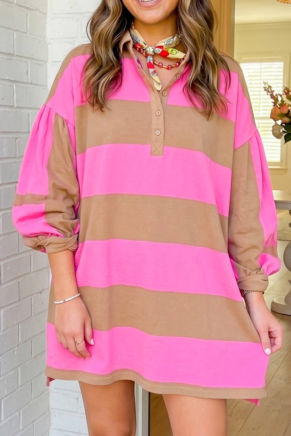 Striped Colorblock Half Button Shirt Mini Dress (S-4X)