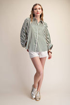 Stripe Wide Puff Sleeve Buttondown Shirt