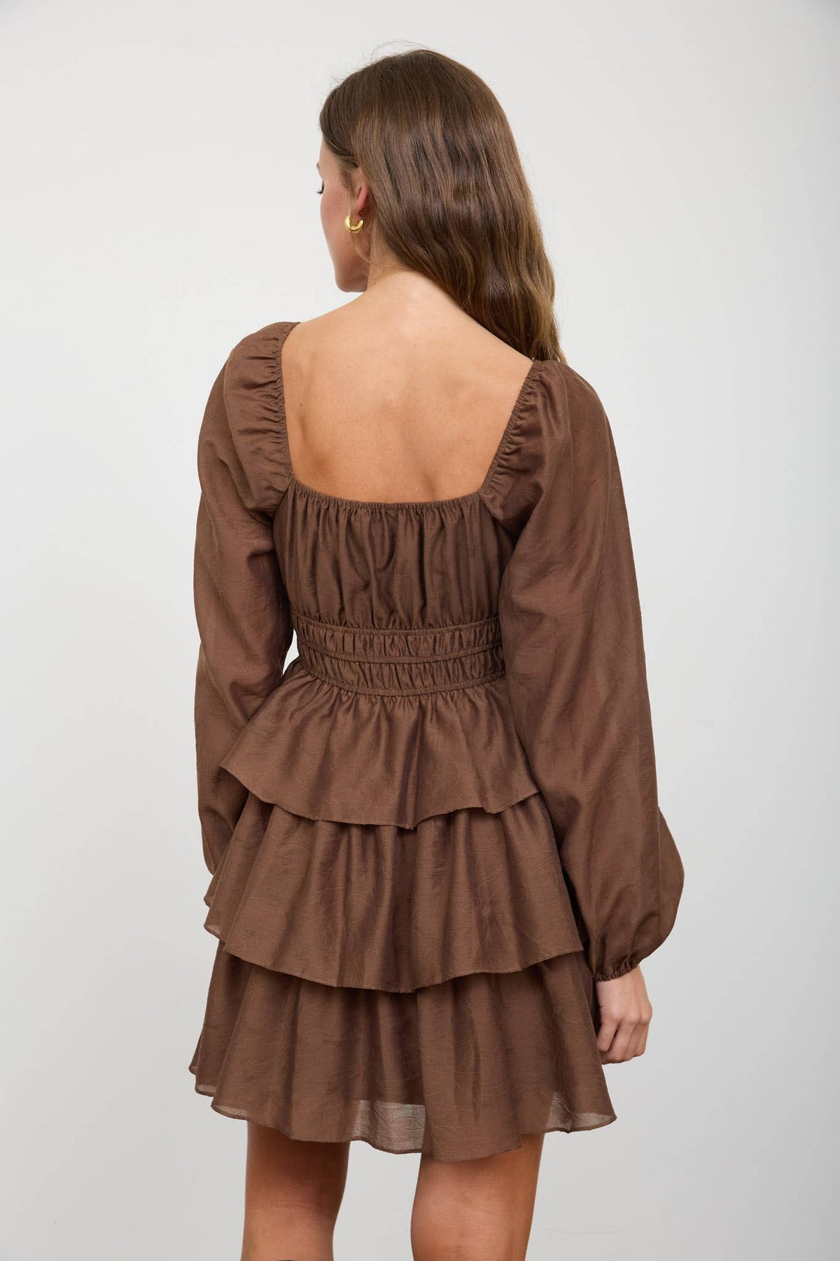 SMOCKED BISHOP SLEEVE TIERED MINI DRESS