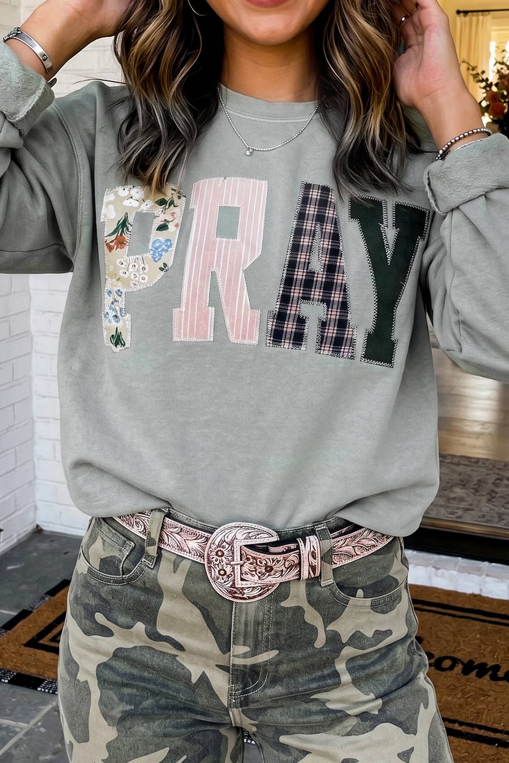 PRAY Plaid Letter Patchwork Sweatshirt