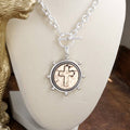 Cross Coin Chain Necklace with Front Toggle Closure – Silver or Gold Tone