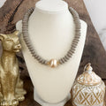 Wood Saucer Beads Short Statement Necklace Gold center Hot Pink Beige Turquoise