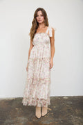 FLORAL CHIFFON TIE STRAP RUFFLED TIERED MIDI DRESS