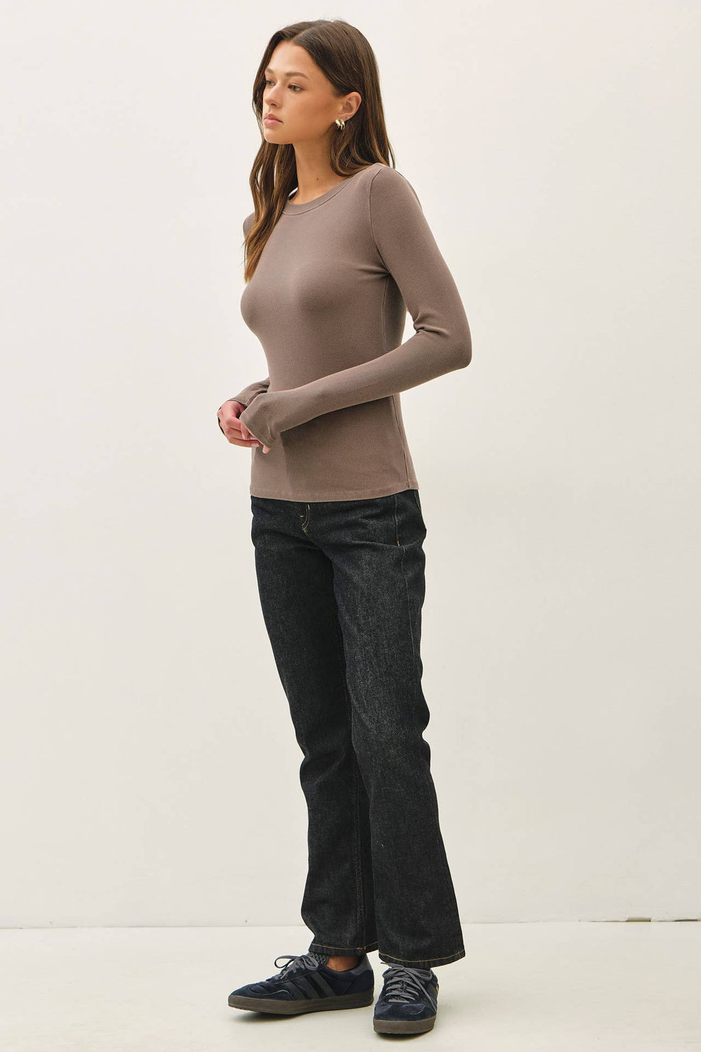 GARMENT DYE RIBBED CREWNECK LONGSLEEVE BASIC TOP