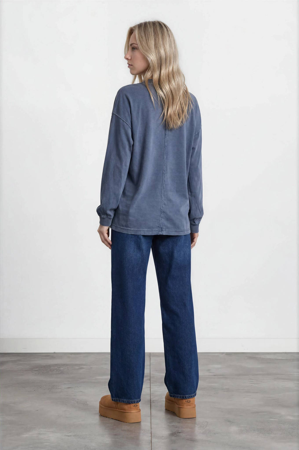 Navy Washed Crew Neck Long Sleeve Knit Top