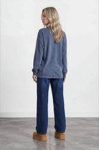 Navy Washed Crew Neck Long Sleeve Knit Top