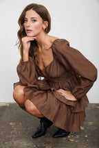 SMOCKED BISHOP SLEEVE TIERED MINI DRESS