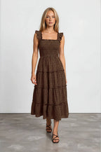 PLAID SMOCKED MIDI DRESS WITH RUFFLE SLEEVE DETAIL