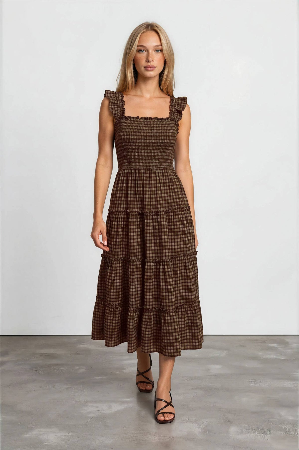 PLAID SMOCKED MIDI DRESS WITH RUFFLE SLEEVE DETAIL
