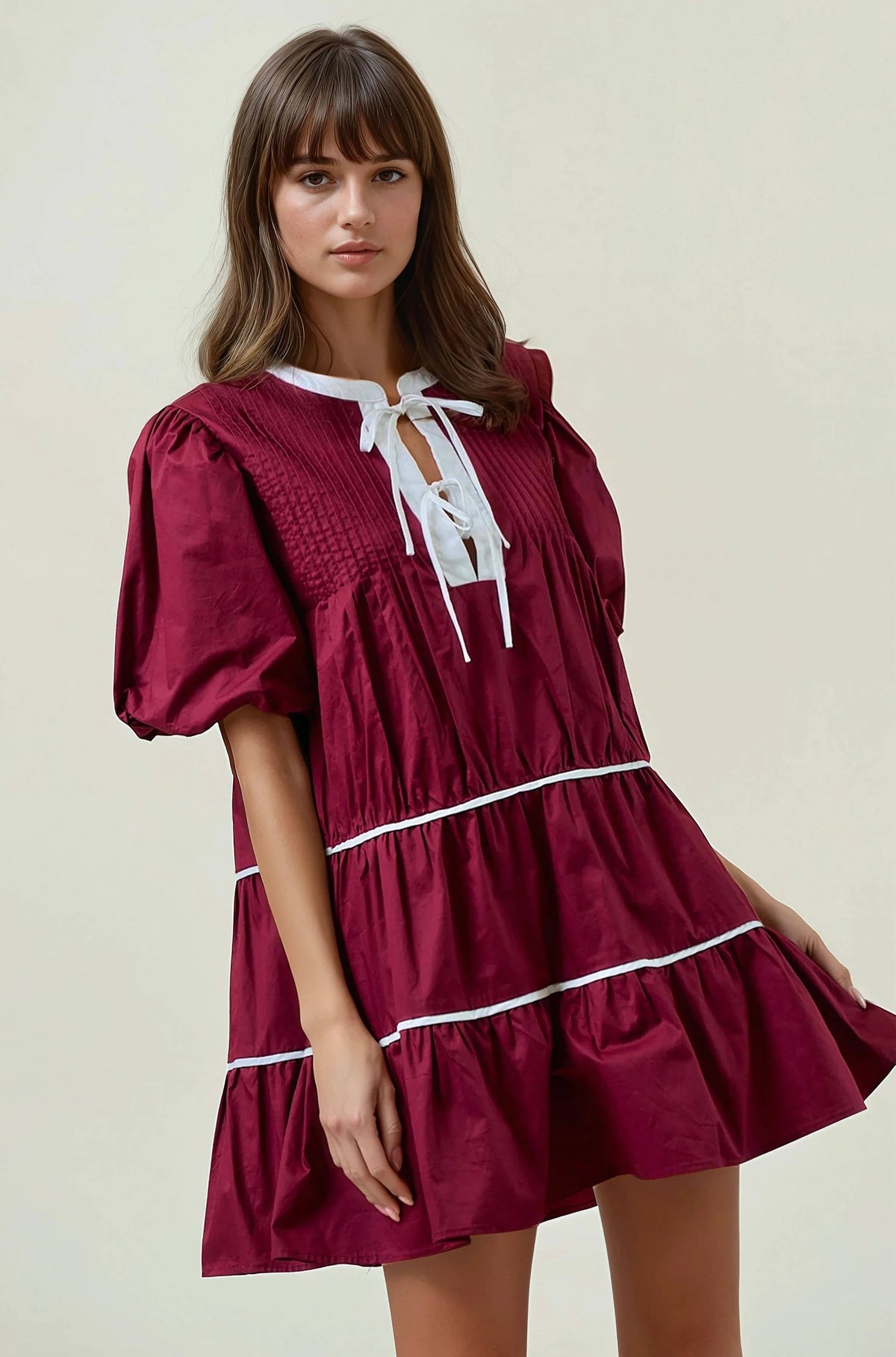 PUFF SHORT SLEEVE TIERED MINI DRESS - 28227D