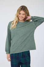 Dusty Green Washed Crew Neck Long Sleeve Knit Top