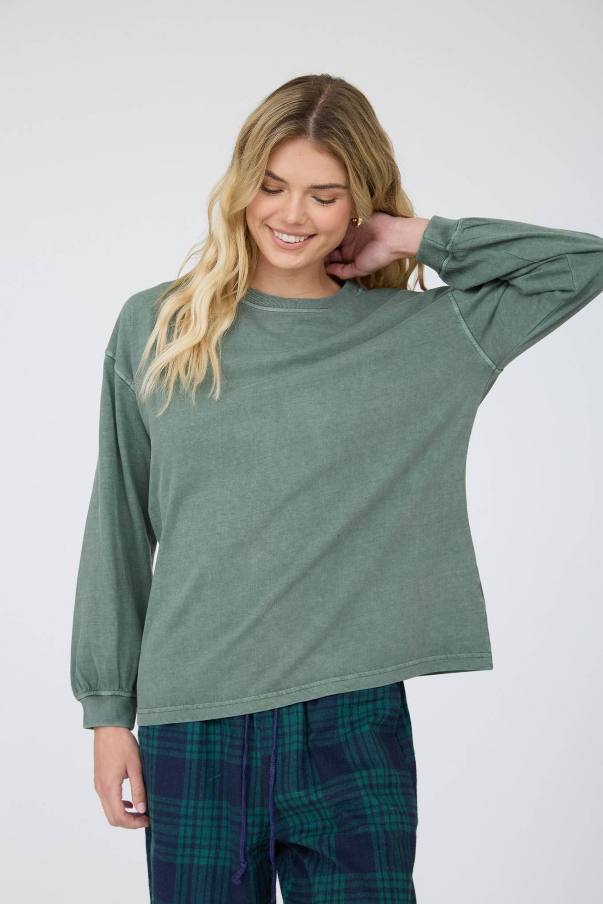 Dusty Green Washed Crew Neck Long Sleeve Knit Top