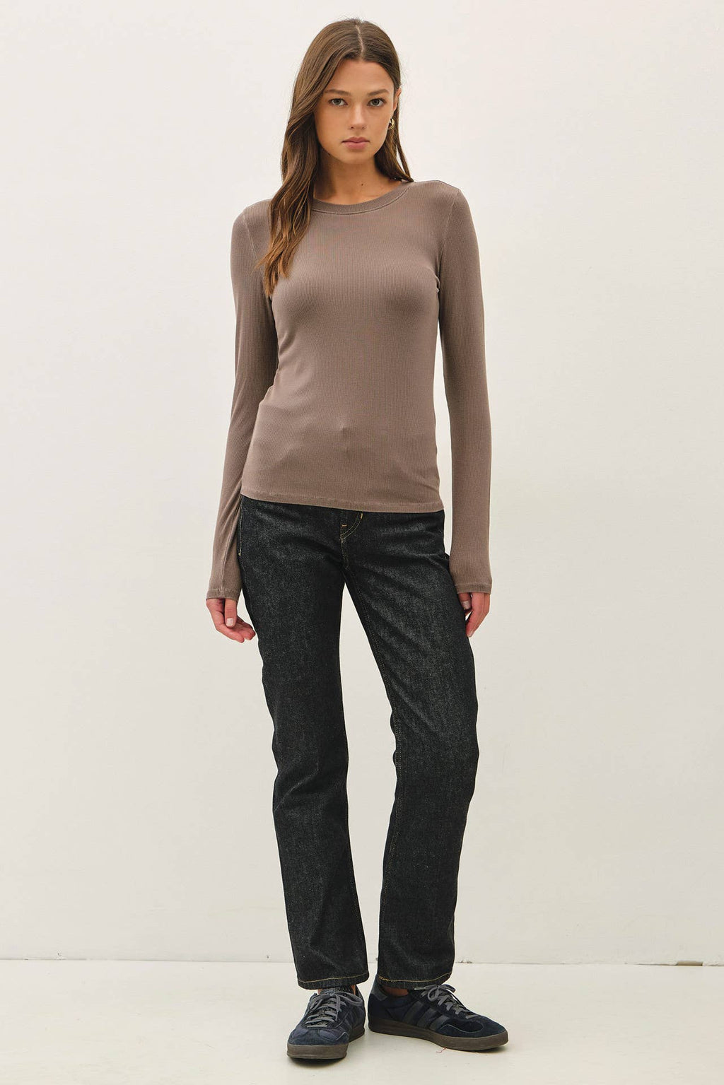GARMENT DYE RIBBED CREWNECK LONGSLEEVE BASIC TOP