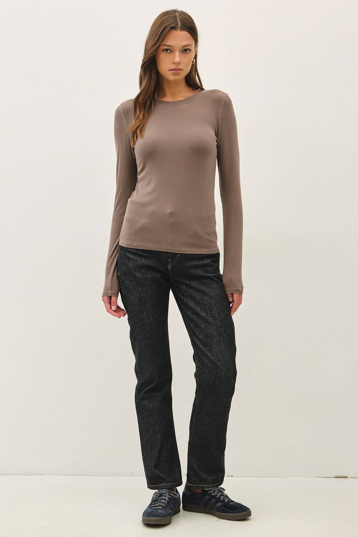 GARMENT DYE RIBBED CREWNECK LONGSLEEVE BASIC TOP