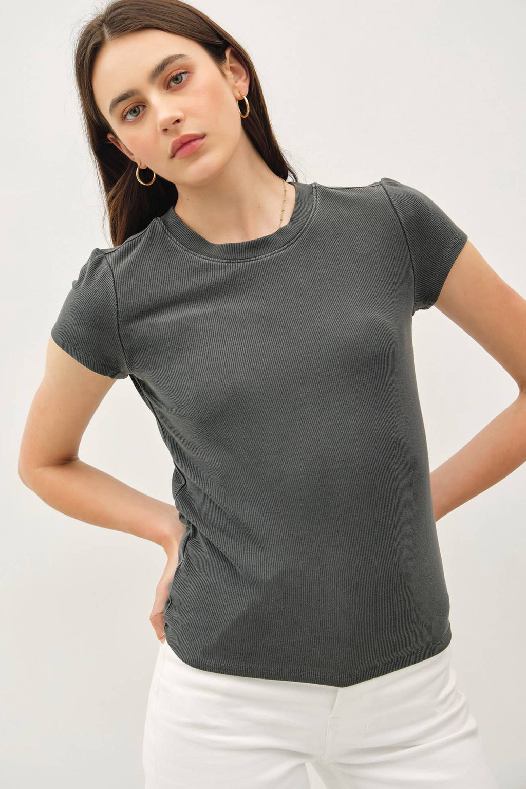 NEW COLOR-GARMENT DYE RIBBED CREW NECK TOP