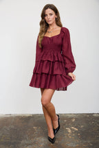 SMOCKED BISHOP SLEEVE TIERED MINI DRESS