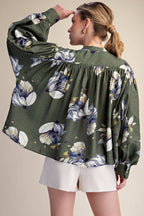 Floral Blouse Round Neck Button Down Voluminous Shirring