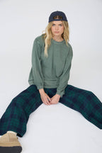 Dusty Green Washed Crew Neck Long Sleeve Knit Top
