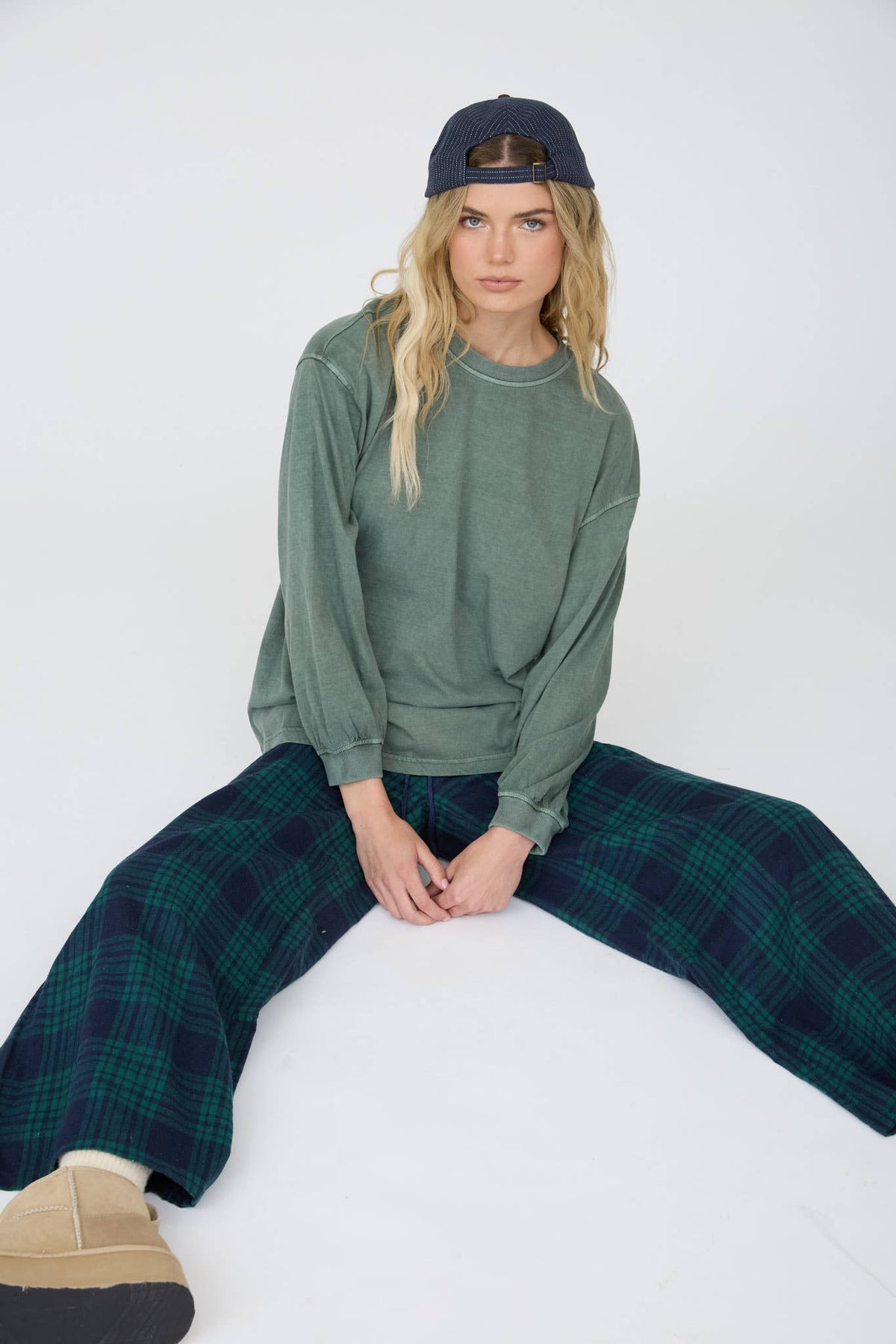 Dusty Green Washed Crew Neck Long Sleeve Knit Top