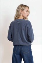 Navy Washed Crew Neck Long Sleeve Knit Top