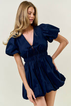 PUFF SLEEVE TIE FRONT BUBBLE HEM MINI DRESS - 28226D