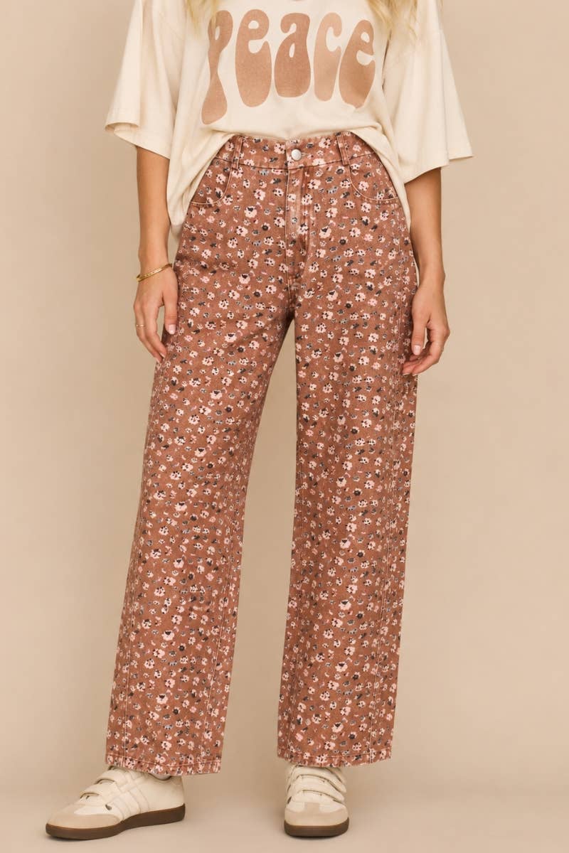 DENIM FLORAL PRINT BARREL FIT JEANS