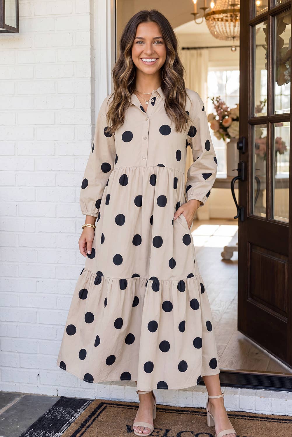 Polka Dot Button Front Casual Shift Midi Dress (S-XL)