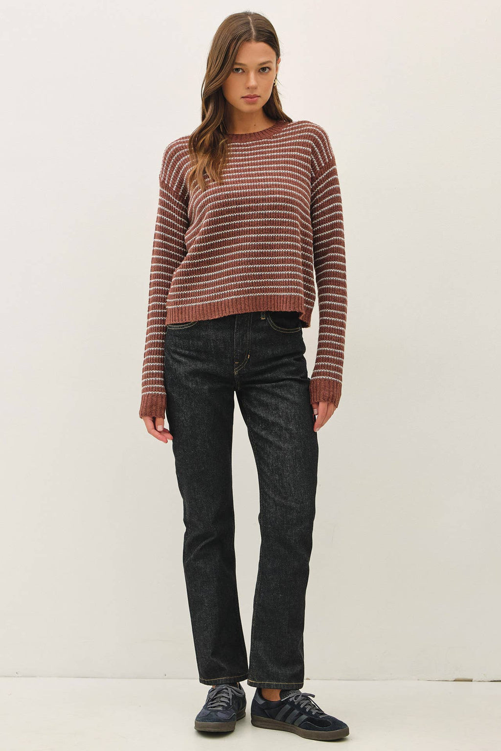 STRIPED WAFFLE KNIT SWEATER