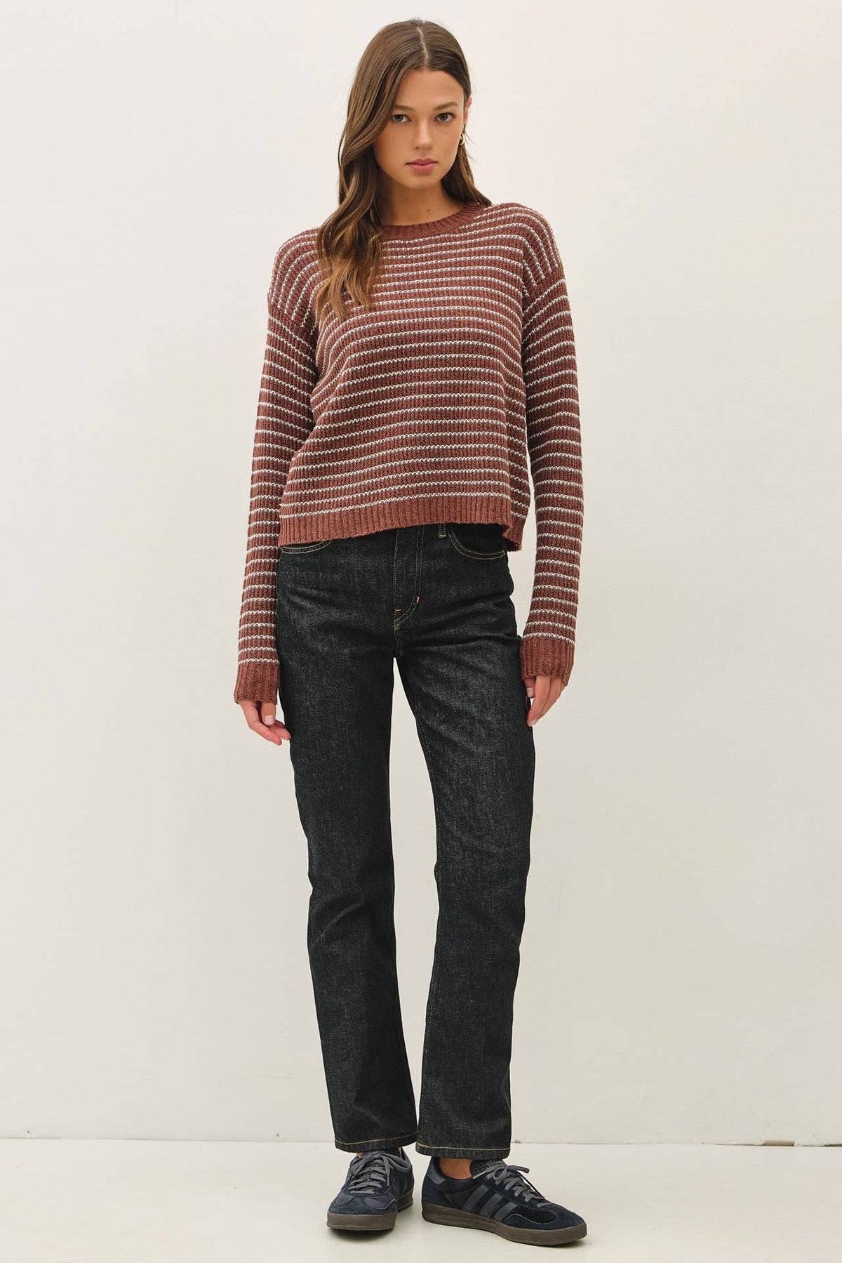 STRIPED WAFFLE KNIT SWEATER