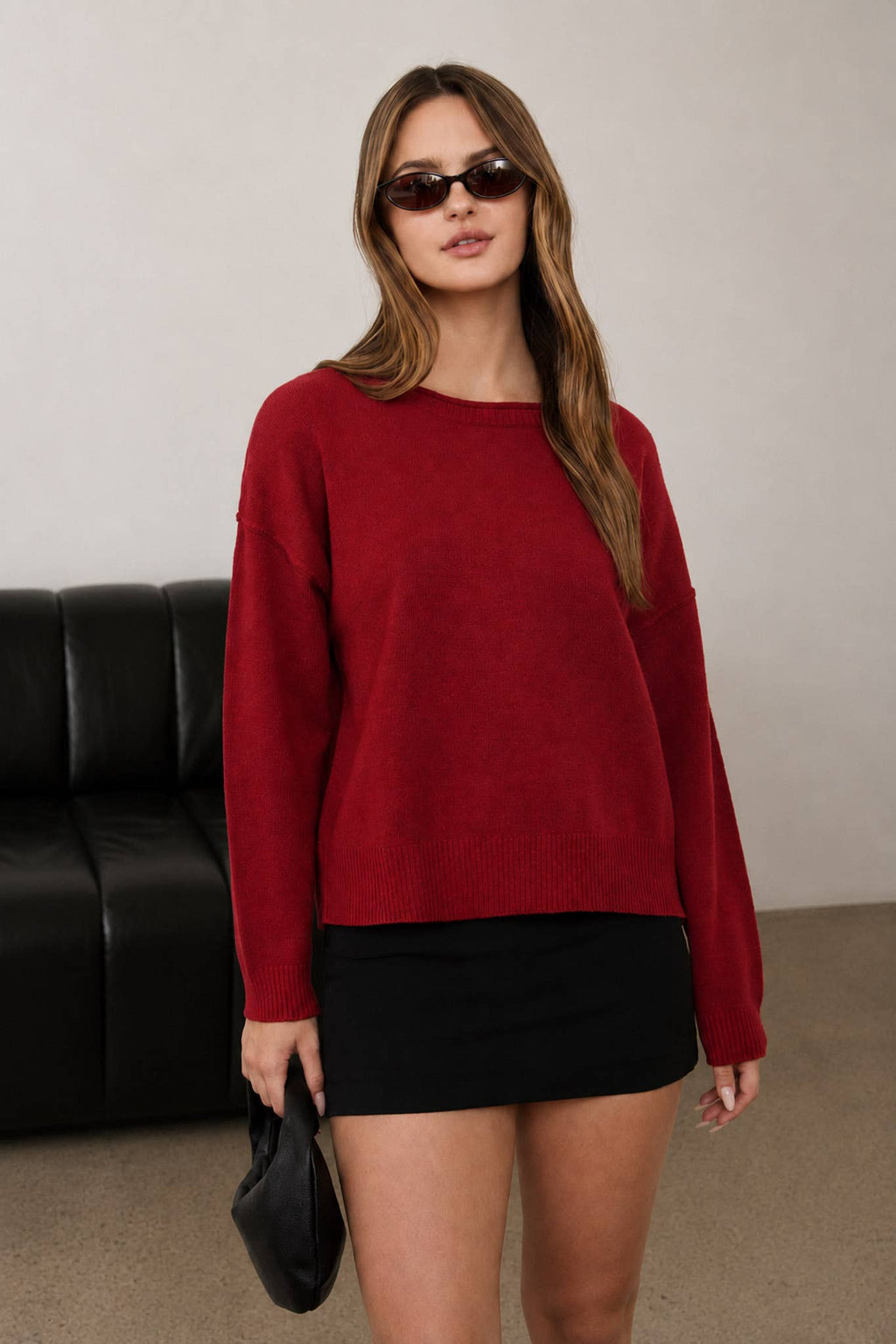 BOAT NECK RAW EDGE RELAXED KNIT PULLOVER SWEATER