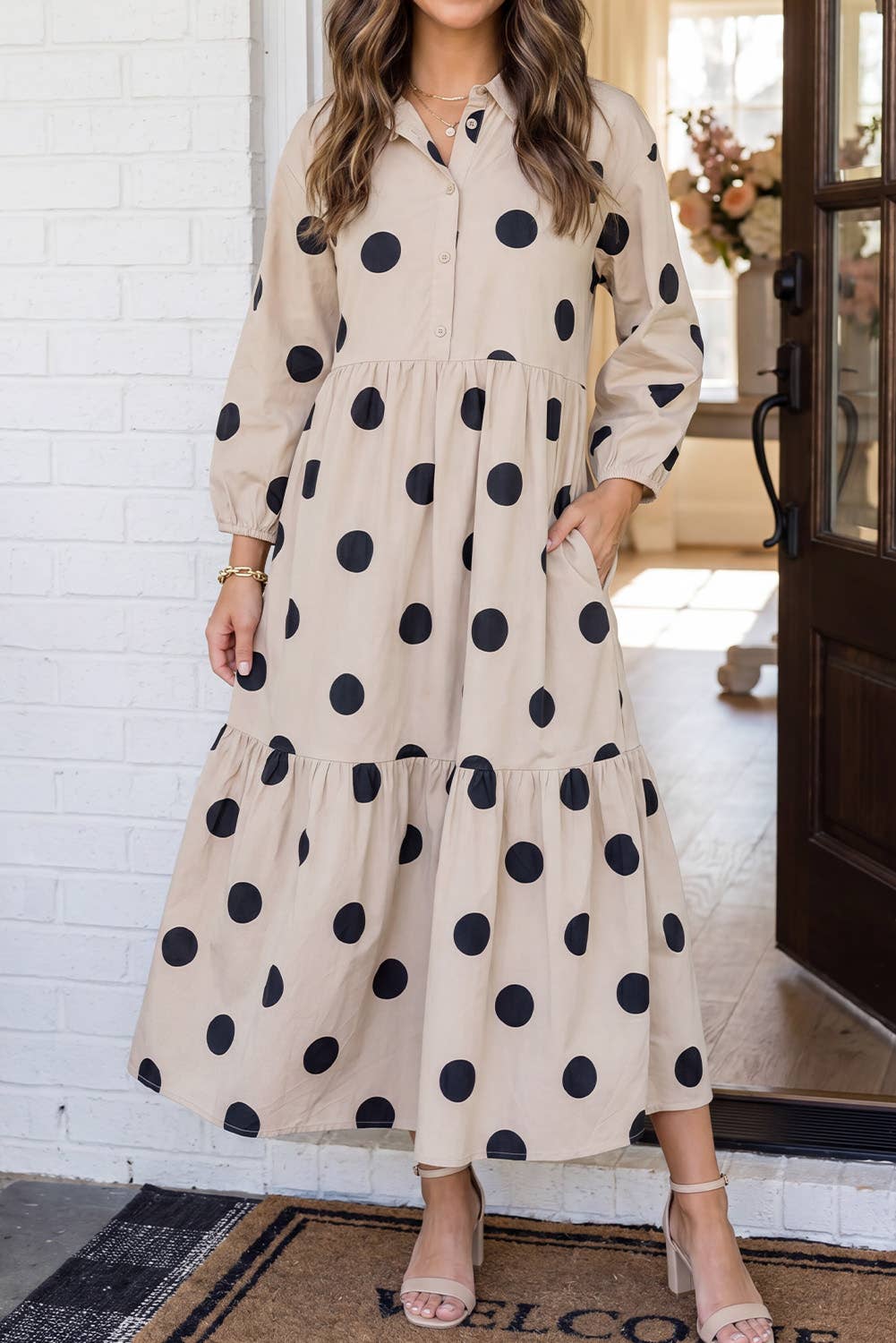 Polka Dot Button Front Casual Shift Midi Dress (S-XL)