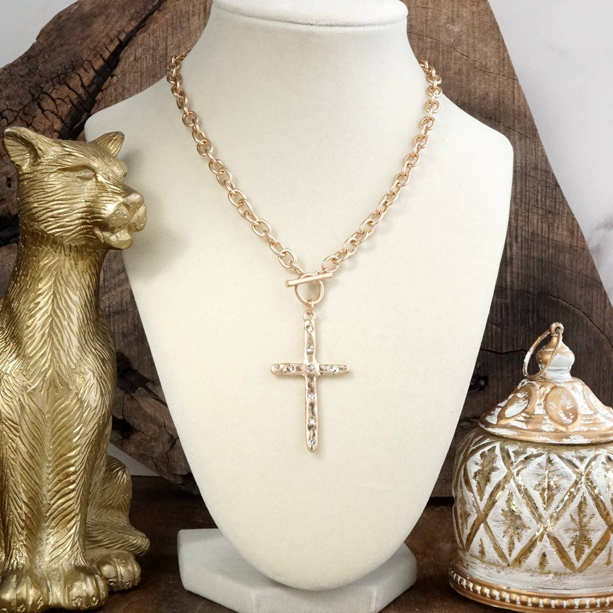 Divine Simplicity – Hammered Cross Front Toggle Necklace