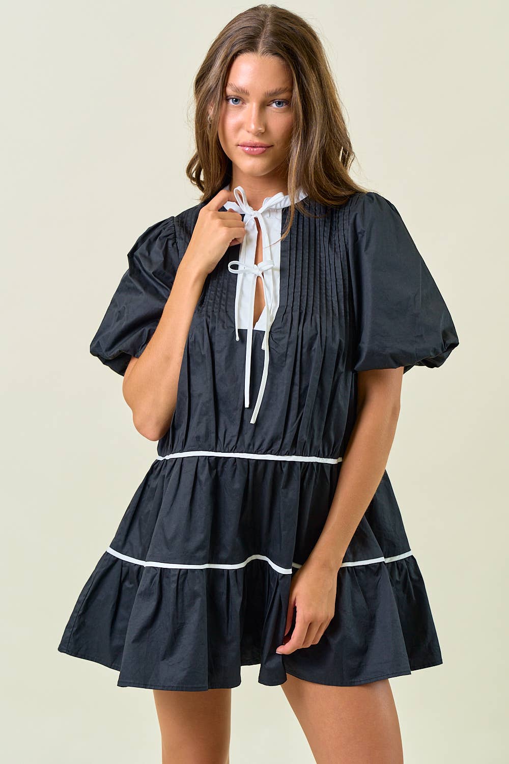 PUFF SHORT SLEEVE TIERED MINI DRESS - 28227D