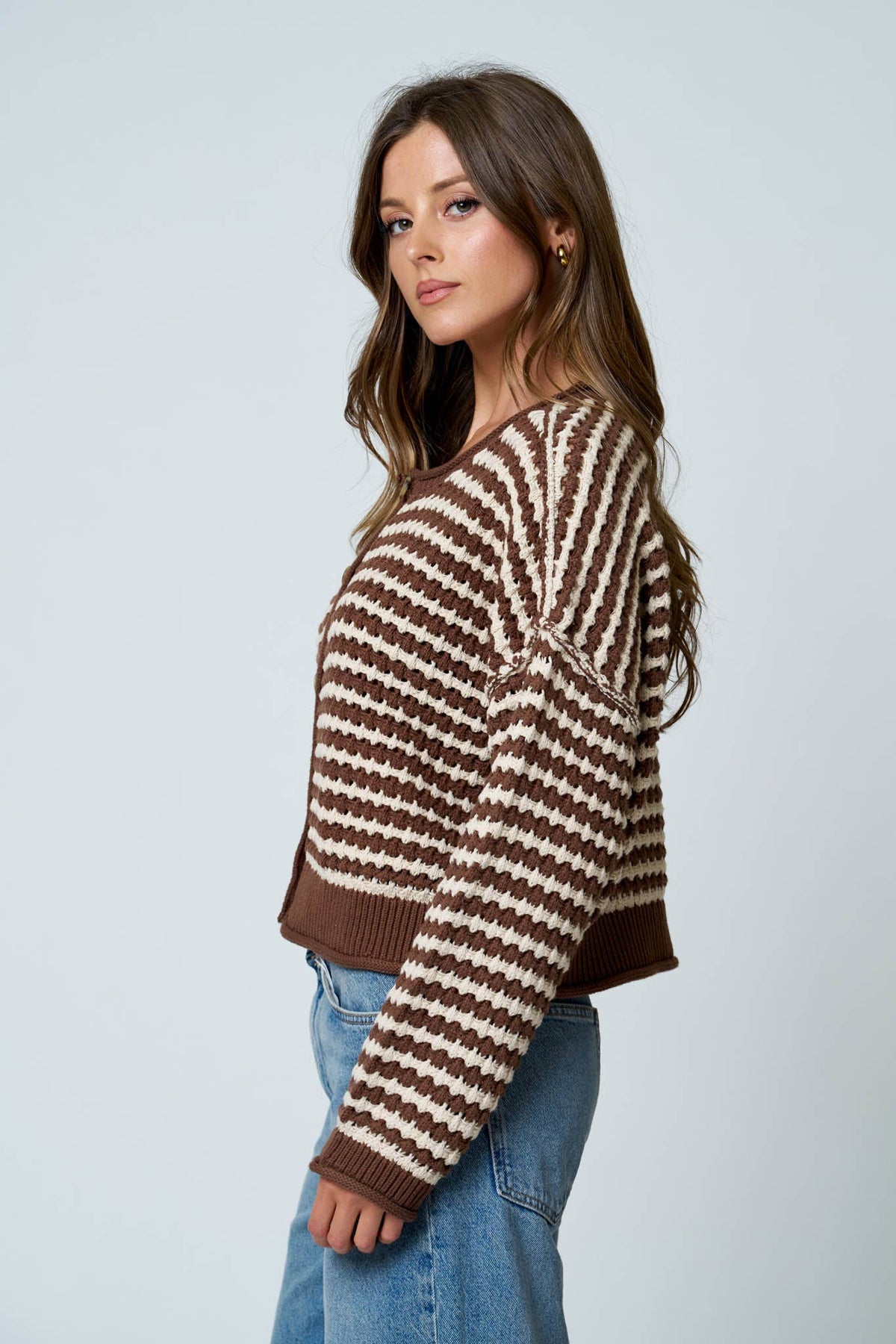 TEXTURED STRIPE CROCHET KNIT BUTTON DOWN CARDIGAN
