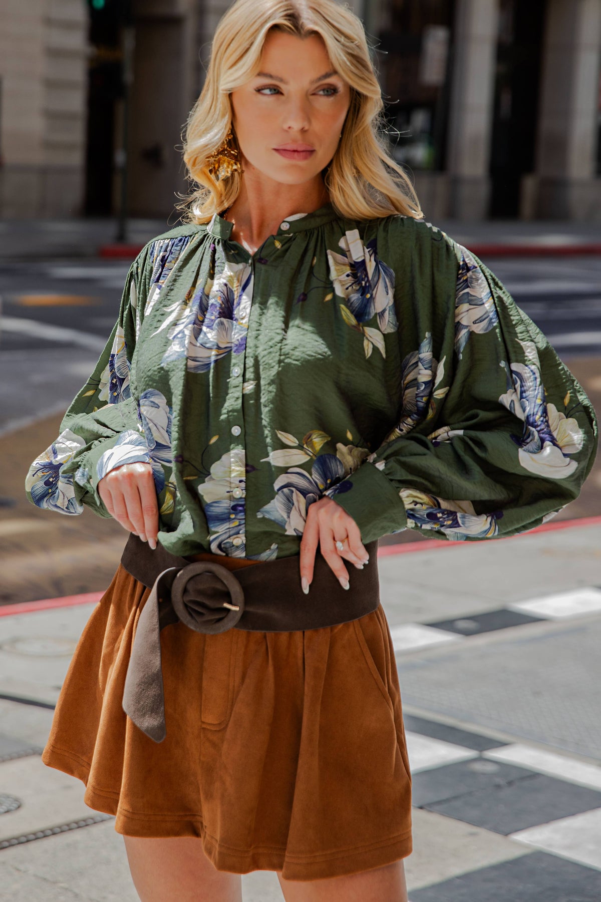 Floral Blouse Round Neck Button Down Voluminous Shirring