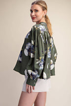 Floral Blouse Round Neck Button Down Voluminous Shirring