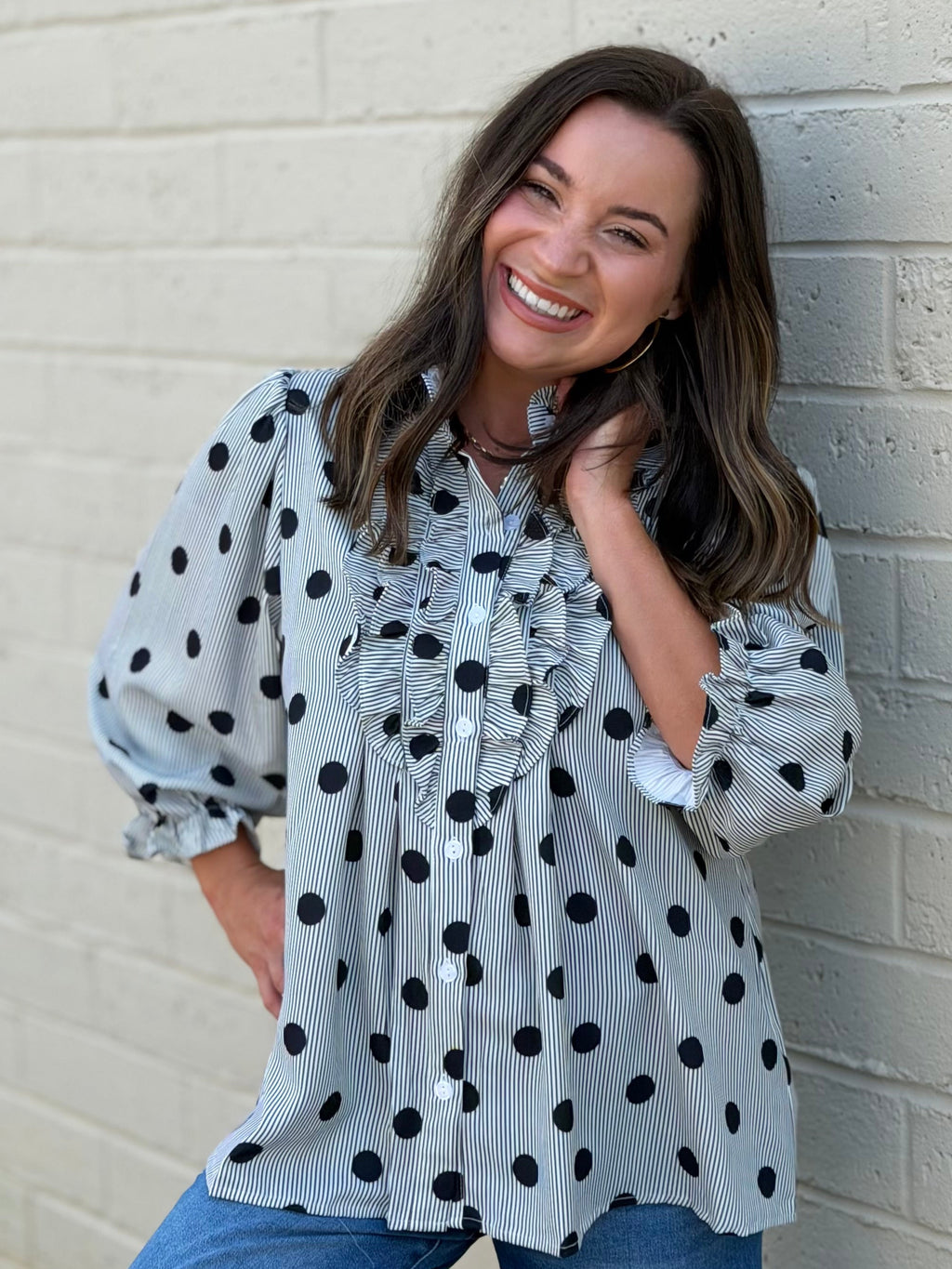 Striped Polka Dot Ruffle Mock Neck Shirt (S-XL)