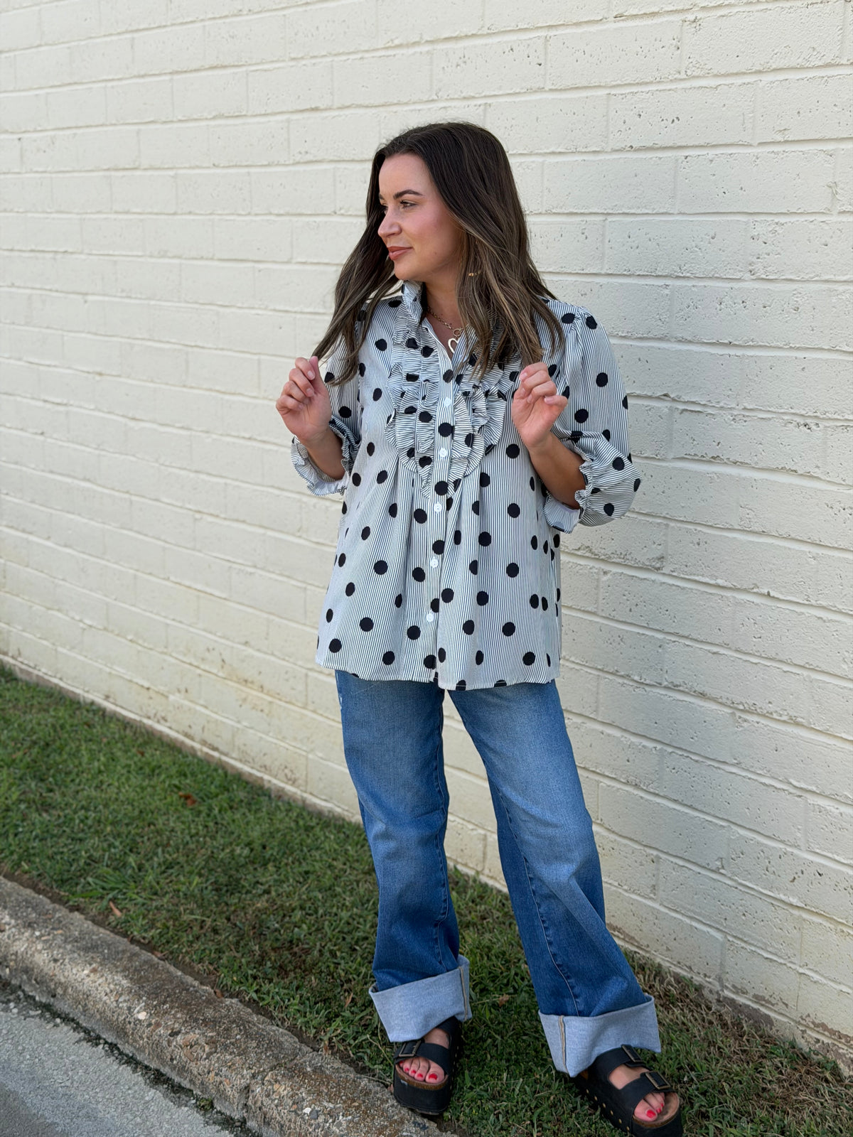 Striped Polka Dot Ruffle Mock Neck Shirt (S-XL)