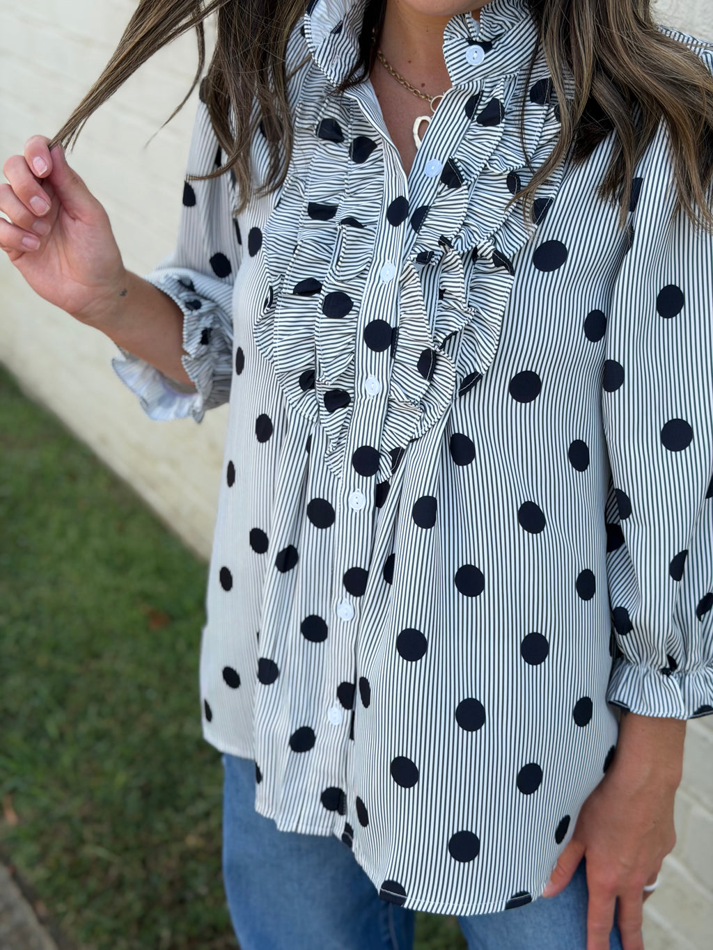 Striped Polka Dot Ruffle Mock Neck Shirt (S-XL)